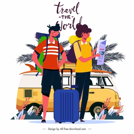 Travel poster bus tourists luggage sketch cartoon characters vectors stock  in format for free download 