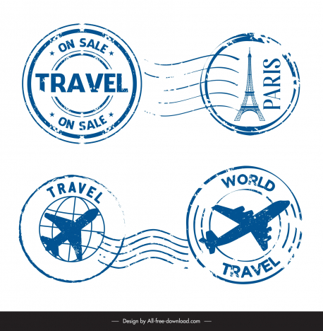 travel stamps collection flat circles tour symbols
