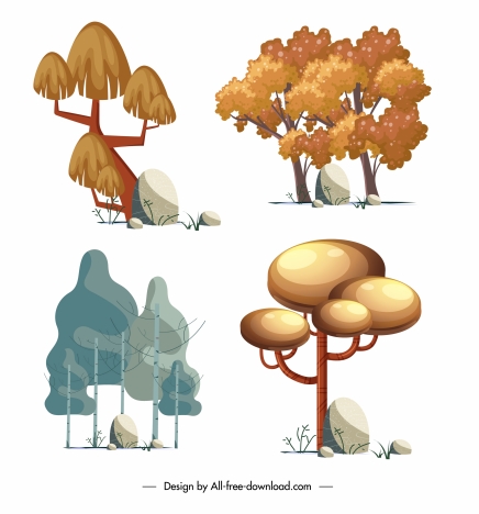 trees icons colored classic design handdrawn sketch