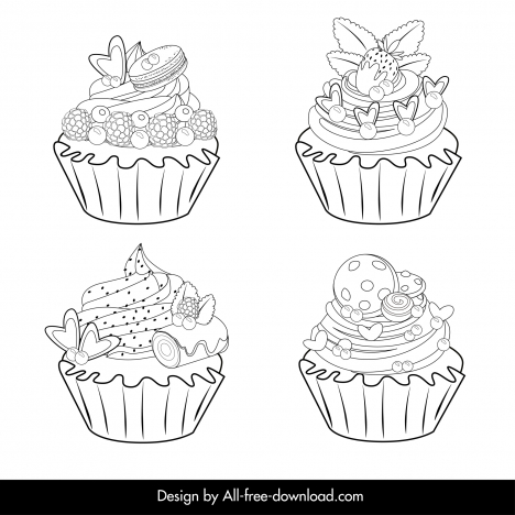 Valentine cupcake icons collection black white handdrawn outline ...
