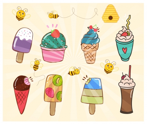 various ice creams collection illustration with bees