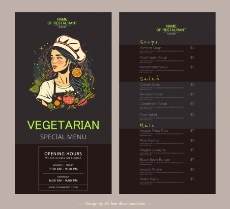 vegan restaurant menu template dark lady vegetables