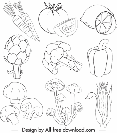 vegetables icons black white handdrawn outline