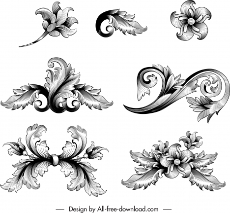 vintage baroque elements black white elegant sketch