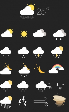 Weather forecast design elements classical colored flat icons vectors