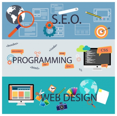web development concepts illustration in horizontal color banners