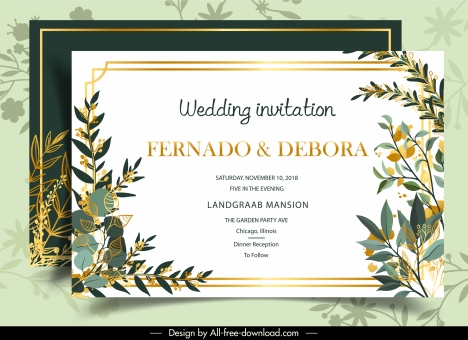 wedding card template classical colorful bright plants decor
