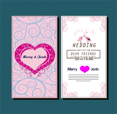 Wedding card template with hearts birds curved pattern vectors stock in  format for free download 