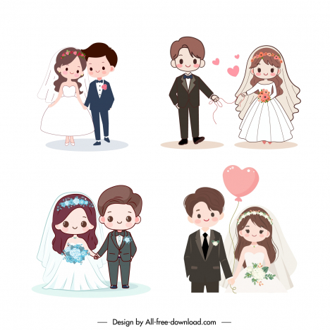 wedding couples design elements collection cute cartoon handdrawn