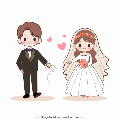 wedding desing elements romantic cute bride  groom hearts cartoon