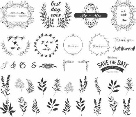 wedding frame design elements classical curved leaves icons