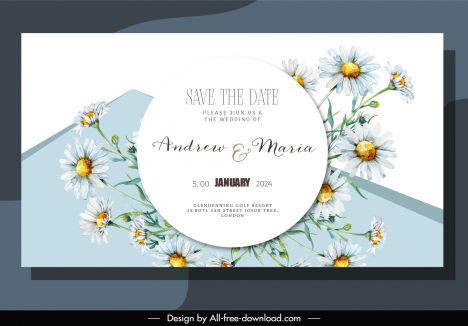 wedding invitation card template elegant classic daisy flowers blossom