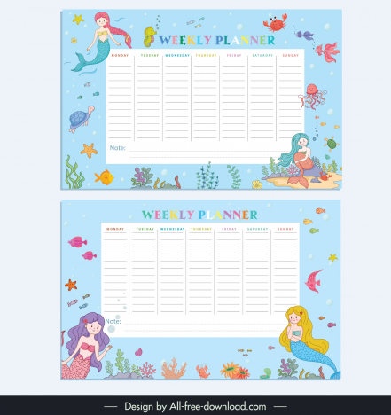 weekly planner organizer template cute cartoon mermaid ocean elements