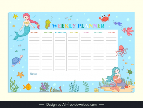 weekly planner template cute ocean elements mermaid cartoon