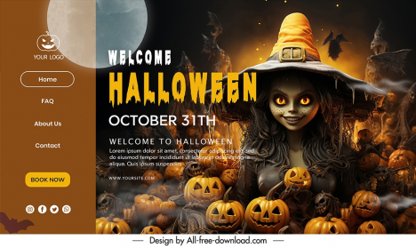welcome halloween landing page template frightening witch pumpkins elements