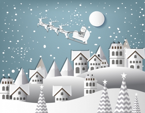 white christmas background flying santa claus moon icons