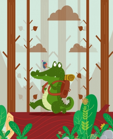 wild animal background crocodile bird icons stylized cartoon