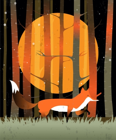 Wild nature background fox round moon icons vectors stock in format for ...