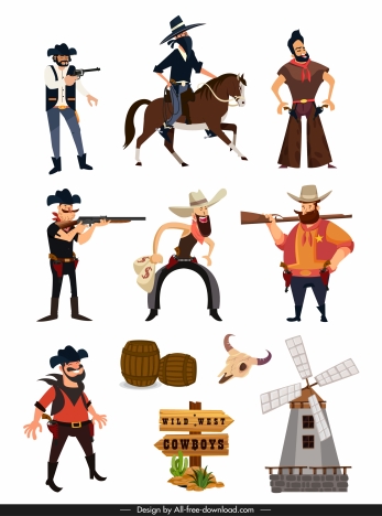 Wild west design elements cartoon characters symbols sketch vectors stock  in format for free download 