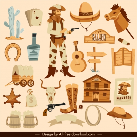 wild west design elements retro objects cowboy sketch
