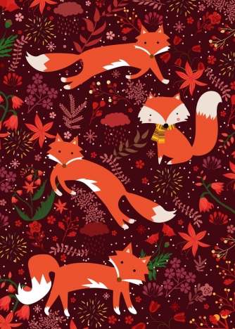 wildlife background red fox flowers icons repeating design