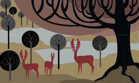 wildlife background reindeer tree icons silhouette style