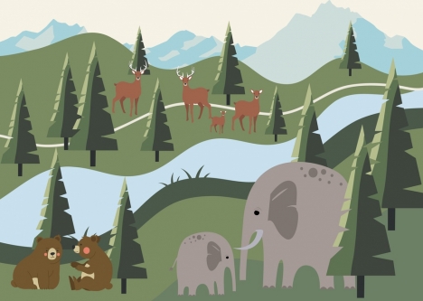 Wildlife painting forest scenery animal icons decor vectors stock in format  for free download 