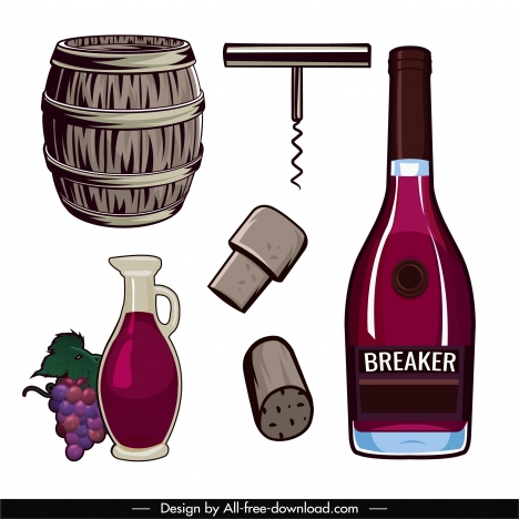 wine design elements colored retro symbols sketch