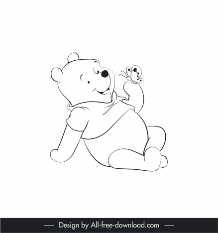 winnie the pooh cartoon character icon joyful bear sketch black white handdrawn outline