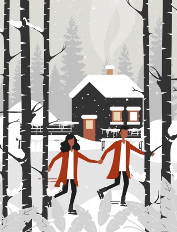 Winter landscape painting snowfall couple cottage icons vectors stock ...