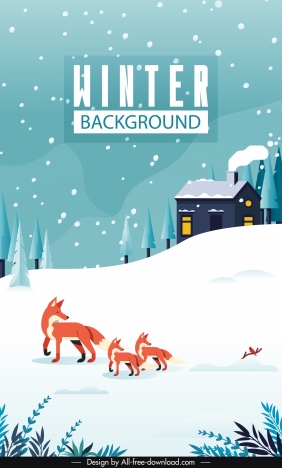 winter scene background snowfall foxes cottage sketch