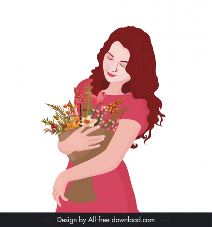 Woman and a flower bouquet portrait painting elegant classic cartoon sketch  vectors stock in format for free download 162 bytes