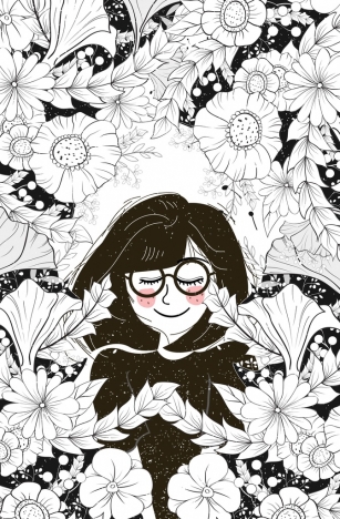 woman flowers drawing black white sketch