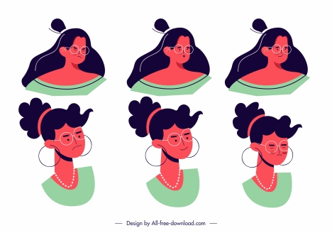 women avatar icons emotional sketch classic design