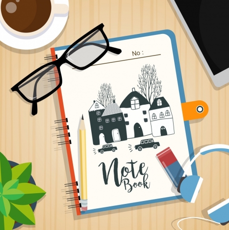 work desk background notebook pencil glasses coffee icons