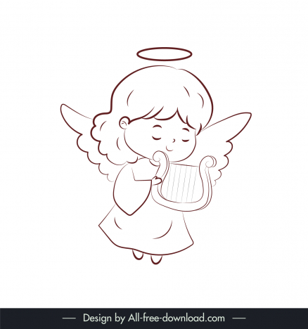 Xmas angel icon cute girl playful with string instrument handdrawn cartoon  outline vectors stock in format for free download 162 bytes