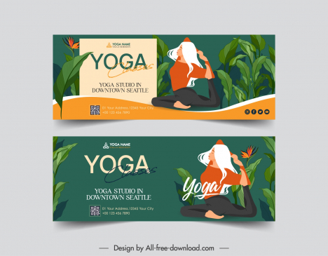 yoga banner template stretching woman leaves decor