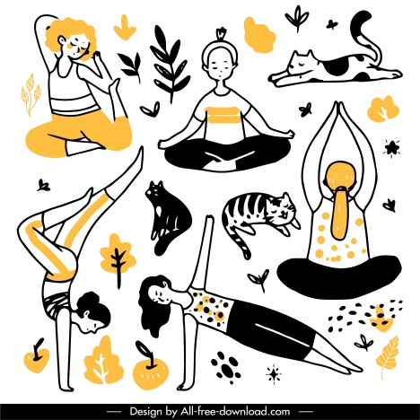 yoga drawing exercising gestures cat nature elements sketch