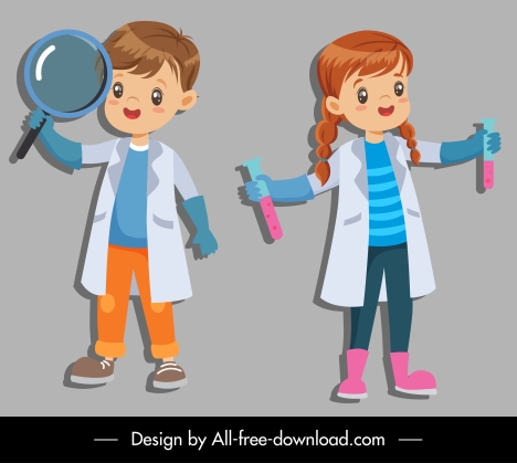young scientist icons cute kid lab tools sketch