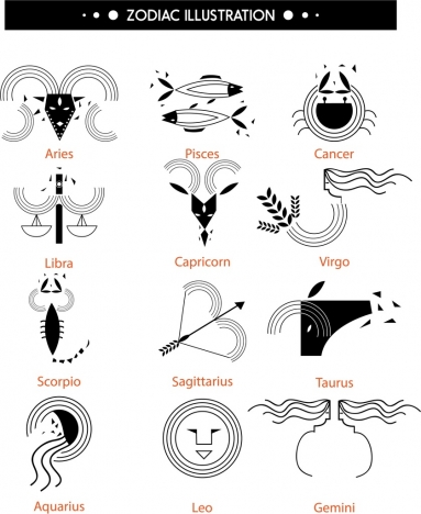 zodiac icons collection black white sketch isolation
