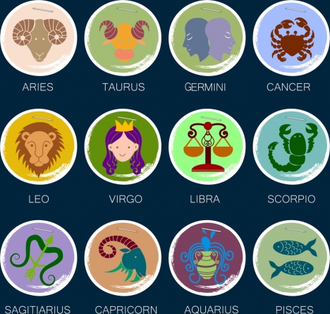 zodiac signs collection colored round isolation