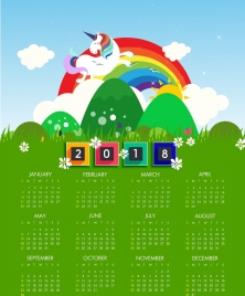 2018 calendar template green decor rainbow horse icons