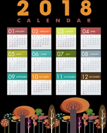 2018 calendar template multicolored tree icons decor