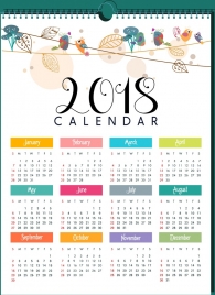2018 calendar template natural bird leaves decor