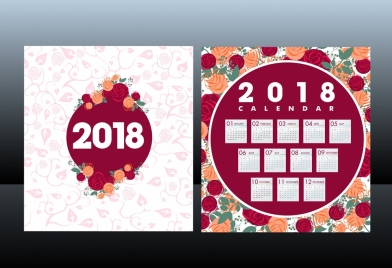 2018 calendar template red roses background decoration
