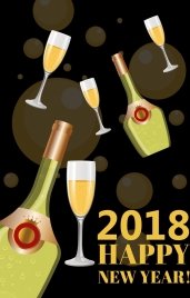2018 new year banner champagne bottle glass icons