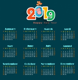 2019 calendar background dark decor pig icons