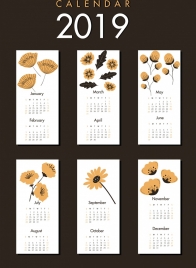 2019 calendar template flowers theme classical rectangular isolation