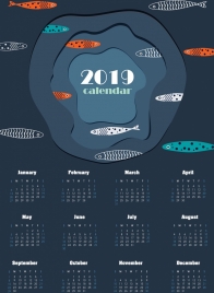 2019 calendar template marine theme flat fish icons