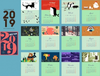 2019 calendar template nature theme rectangular isolation
